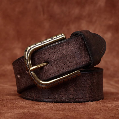 Men's Handcrafted Distressed Cowhide Leather Belt - Vintage Brass Pin Buckle for Rugged Workwear & Daily Jeans