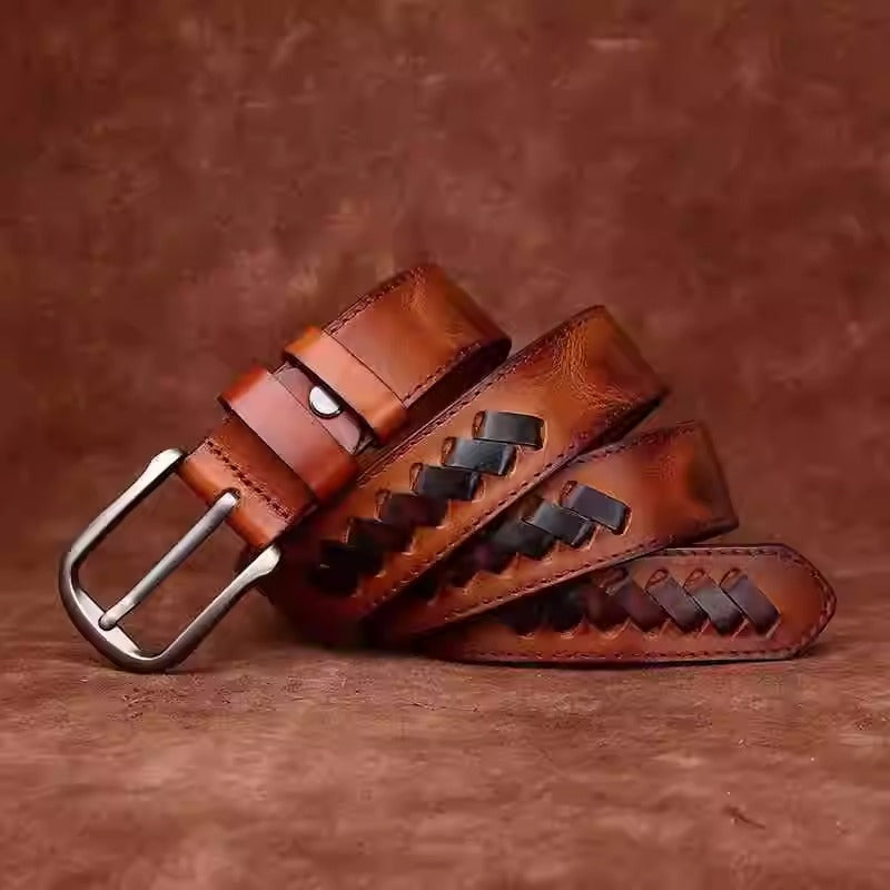 Braided Italian Vegetable Tanned Full Grain Cowhide Belt - Handwoven Aged & Distressed Leather