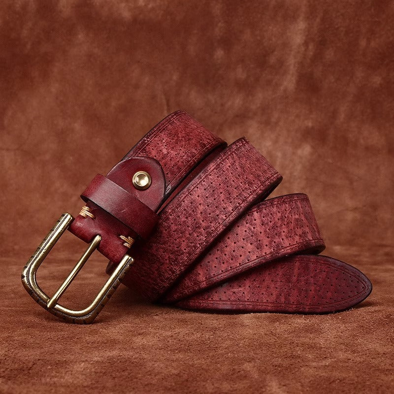 Men's Handcrafted Distressed Cowhide Leather Belt - Vintage Brass Pin Buckle for Rugged Workwear & Daily Jeans