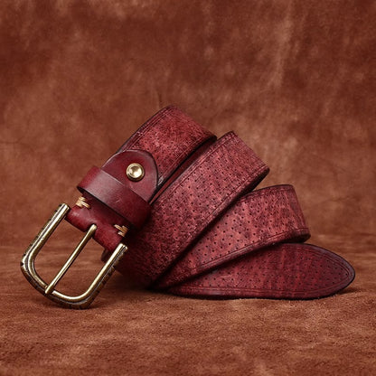 Men's Handcrafted Distressed Cowhide Leather Belt - Vintage Brass Pin Buckle for Rugged Workwear & Daily Jeans