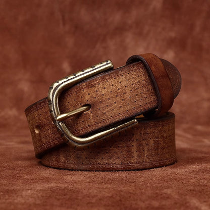 Men's Handcrafted Distressed Cowhide Leather Belt - Vintage Brass Pin Buckle for Rugged Workwear & Daily Jeans