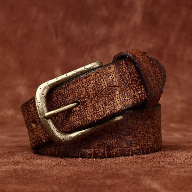 Men's Thickened Full Grain Cowhide Belt - Artisan Handcrafted Aged & Distressed Leather with Solid Brass Vintage Pin Buckle