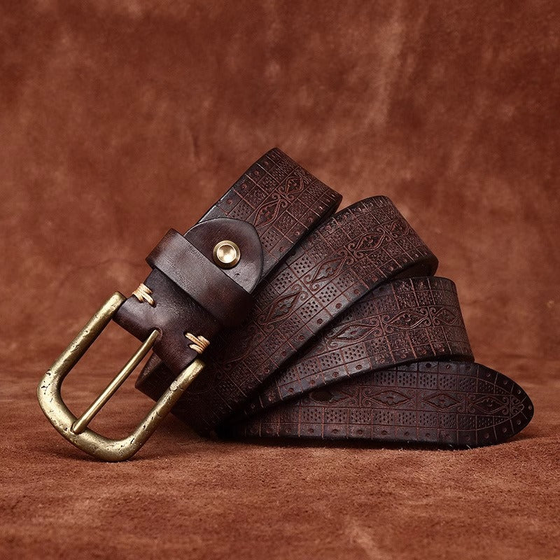 Men's Thickened Full Grain Cowhide Belt - Artisan Handcrafted Aged & Distressed Leather with Solid Brass Vintage Pin Buckle