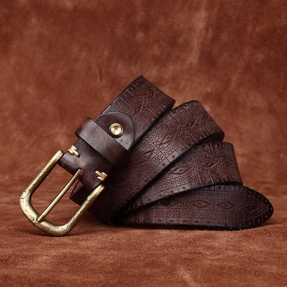 Men's Thickened Full Grain Cowhide Belt - Artisan Handcrafted Aged & Distressed Leather with Solid Brass Vintage Pin Buckle