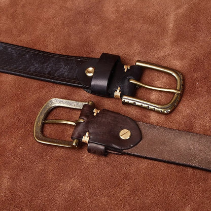 Men's Handcrafted Distressed Cowhide Leather Belt - Vintage Brass Pin Buckle for Rugged Workwear & Daily Jeans