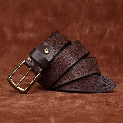 Men's Thickened Full Grain Cowhide Handcrafted Floral Design Vintage Casual Leather Belt for Jeans & Denim Outfits