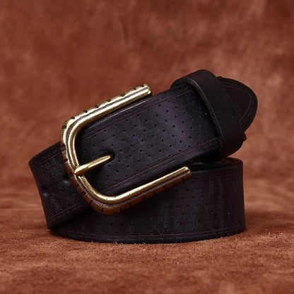 Men's Handcrafted Distressed Cowhide Leather Belt - Vintage Brass Pin Buckle for Rugged Workwear & Daily Jeans