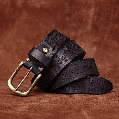 Men's Thickened Full Grain Cowhide Belt - Artisan Handcrafted Aged & Distressed Leather with Solid Brass Vintage Pin Buckle