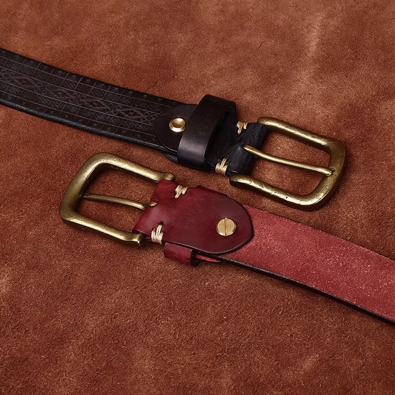 Men's Thickened Full Grain Cowhide Belt - Artisan Handcrafted Aged & Distressed Leather with Solid Brass Vintage Pin Buckle