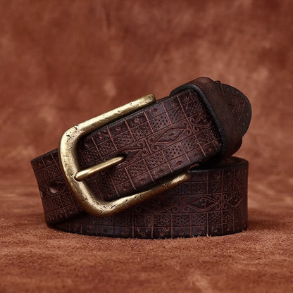 Men's Thickened Full Grain Cowhide Belt - Artisan Handcrafted Aged & Distressed Leather with Solid Brass Vintage Pin Buckle
