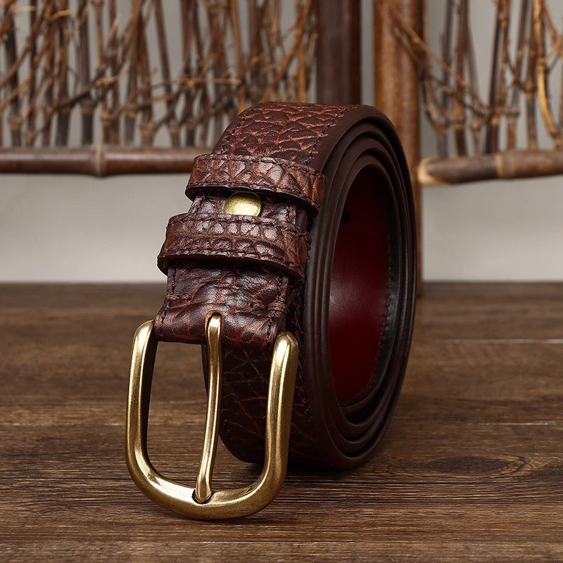 Handcrafted Double Sided Full Grain Cowhide African Bison Embossed Leather Belt for Men - Vintage Western Pin Buckle