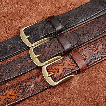 Handcrafted Engraved Italian Full Grain Cowhide Belt for Men - Unique Niche Trend Pin Buckle Casual Leather Waist Belt