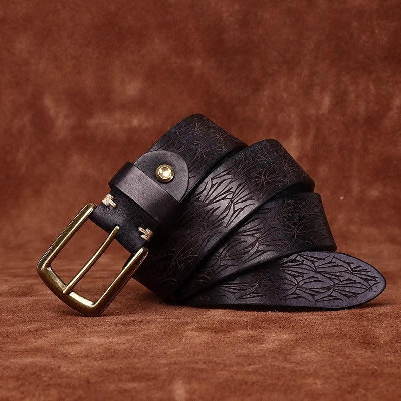 Men's Thickened Full Grain Cowhide Handcrafted Floral Design Vintage Casual Leather Belt for Jeans & Denim Outfits