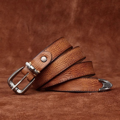 Premium Handcrafted Distressed Leather Belt - Top Grain Cowhide Vintage Pin Buckle Unisex Belt for Jeans, Timeless Style