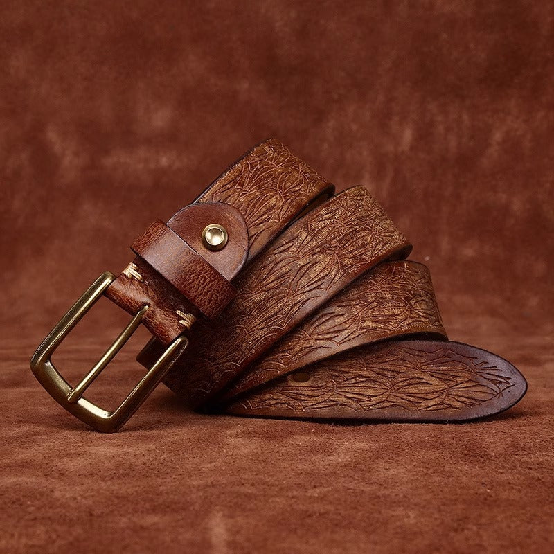 Men's Thickened Full Grain Cowhide Handcrafted Floral Design Vintage Casual Leather Belt for Jeans & Denim Outfits