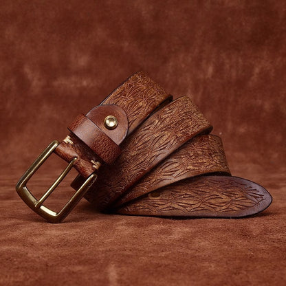 Men's Thickened Full Grain Cowhide Handcrafted Floral Design Vintage Casual Leather Belt for Jeans & Denim Outfits