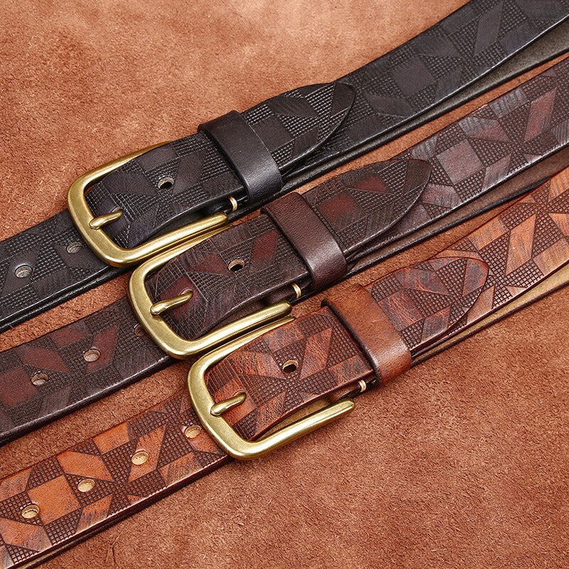 Handcrafted Diamond Embossed Full Grain Leather Men's Belt - Vintage Niche Trend Casual Pin Buckle Waist Strap