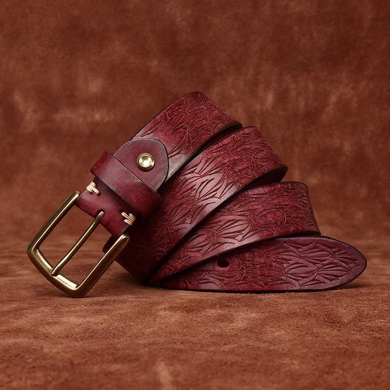 Men's Thickened Full Grain Cowhide Handcrafted Floral Design Vintage Casual Leather Belt for Jeans & Denim Outfits