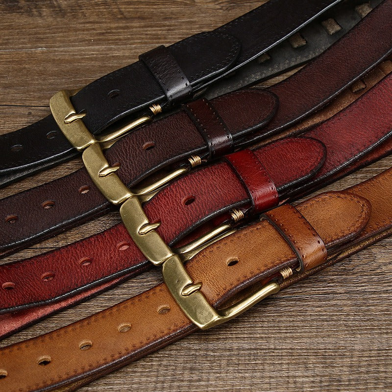 New Arrival: Vintage Trendy Versatile Copper Buckle Men's Belt - Full Grain Leather Braided Casual Jeans Waist Strap