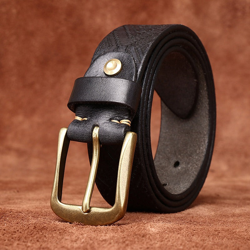 Handcrafted Engraved Italian Full Grain Cowhide Belt for Men - Unique Niche Trend Pin Buckle Casual Leather Waist Belt