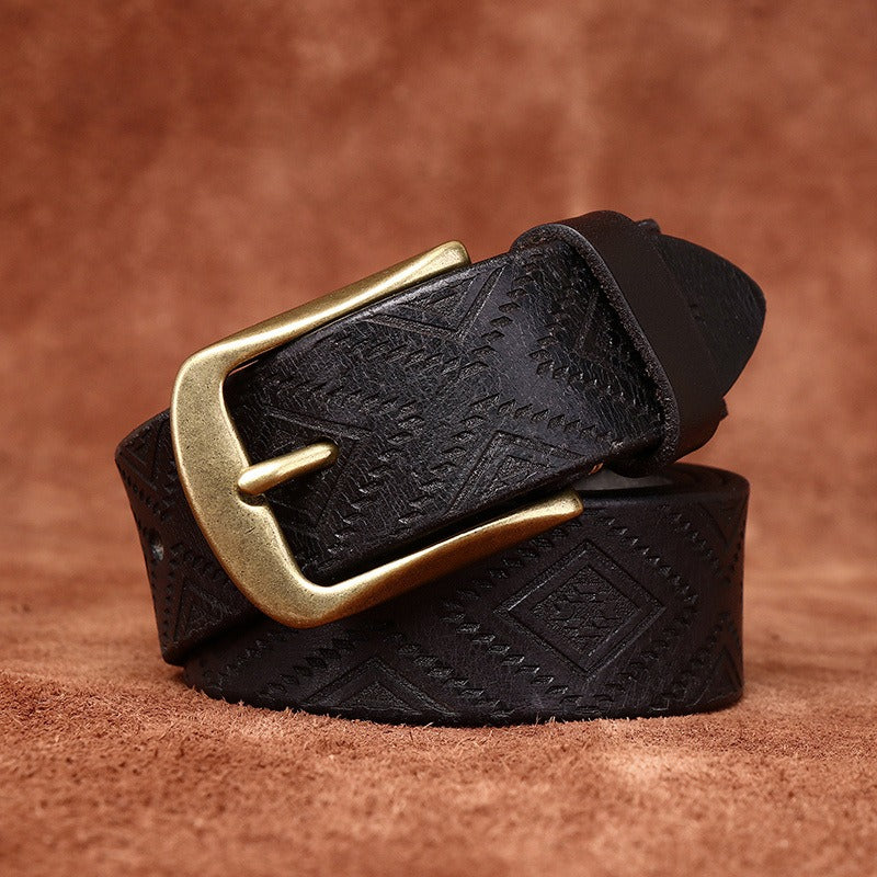 Handcrafted Engraved Italian Full Grain Cowhide Belt for Men - Unique Niche Trend Pin Buckle Casual Leather Waist Belt