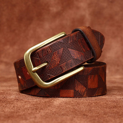 Handcrafted Diamond Embossed Full Grain Leather Men's Belt - Vintage Niche Trend Casual Pin Buckle Waist Strap