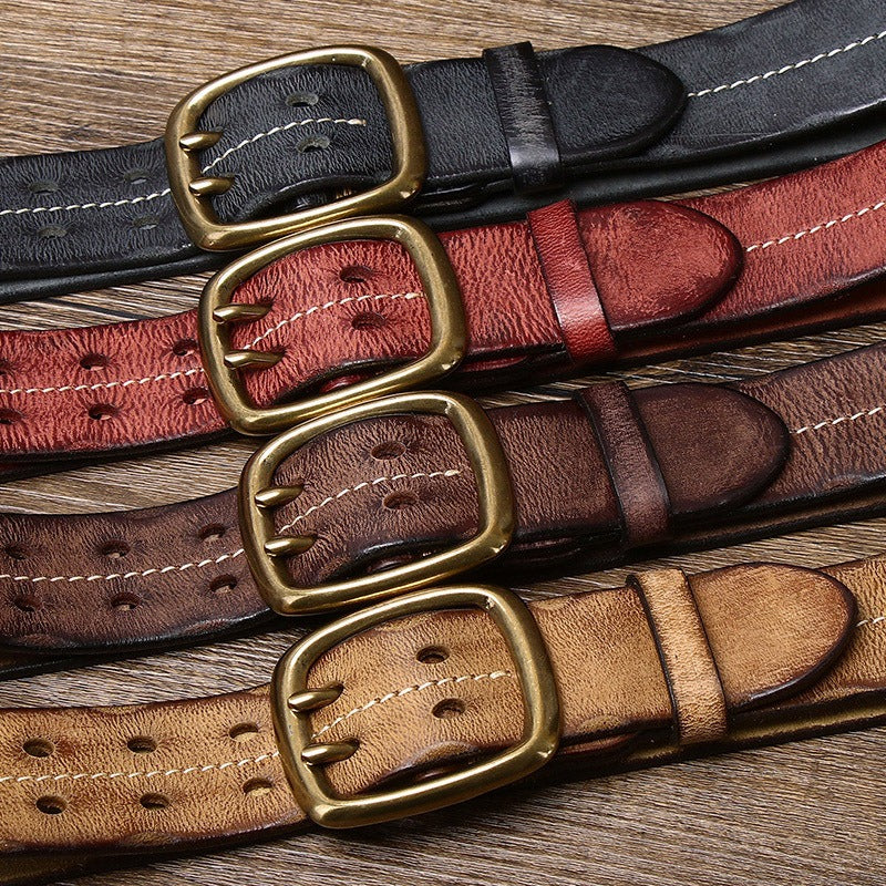 New Arrival: Vintage Distressed Dual Pin Buckle Men's Leather Belt - 100% Full Grain Cowhide Casual Jeans Belt