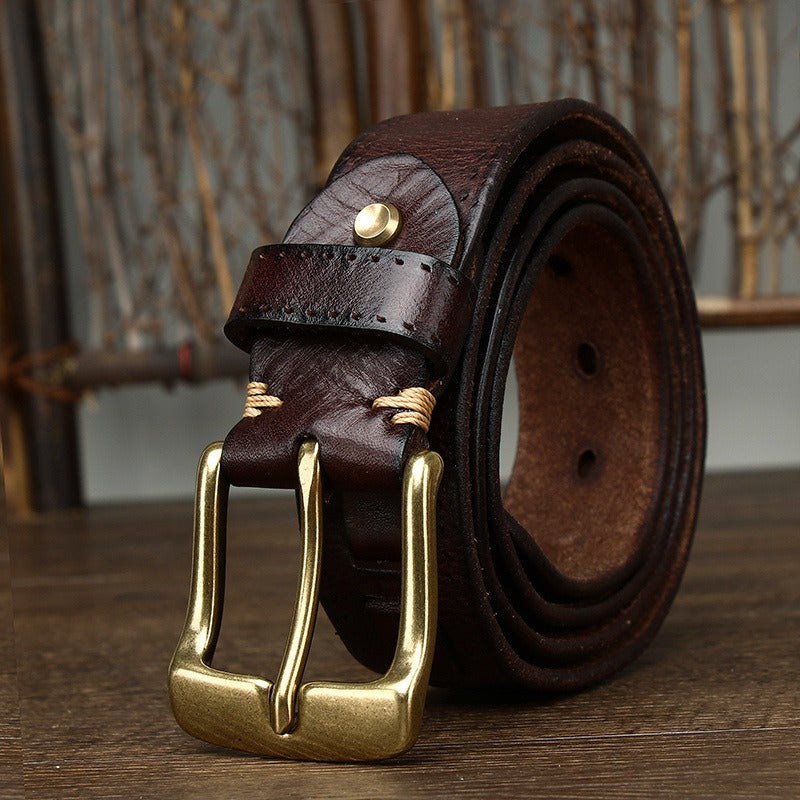 New Arrival: Vintage Trendy Versatile Copper Buckle Men's Belt - Full Grain Leather Braided Casual Jeans Waist Strap