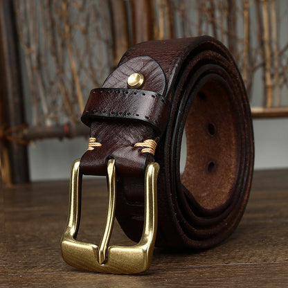 New Arrival: Vintage Trendy Versatile Copper Buckle Men's Belt - Full Grain Leather Braided Casual Jeans Waist Strap