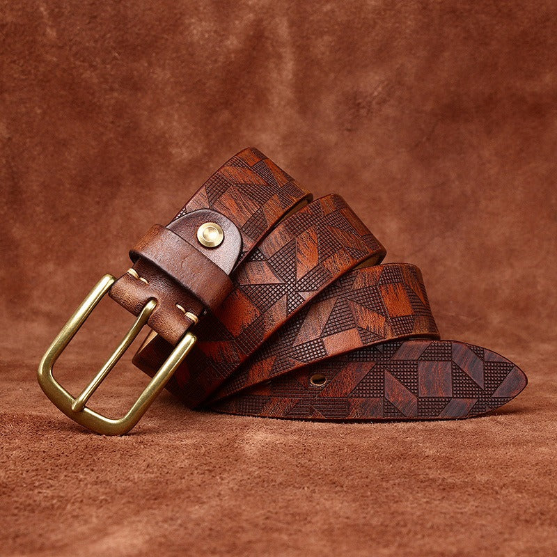 Handcrafted Diamond Embossed Full Grain Leather Men's Belt - Vintage Niche Trend Casual Pin Buckle Waist Strap