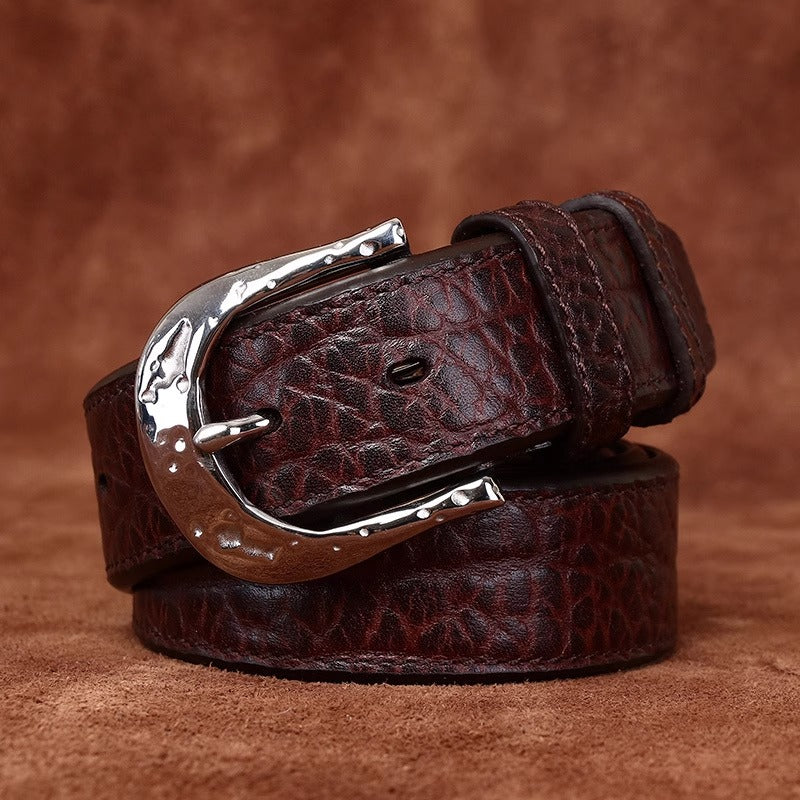 Handcrafted Double Sided Full Grain Cowhide African Bison Embossed Leather Belt for Men - Vintage Western Pin Buckle