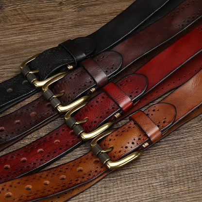 New Arrival: Vintage Dual Pin Buckle Men's Belt - Washed Vegetable-Tanned Full Grain Leather Youth Trend Waist Strap
