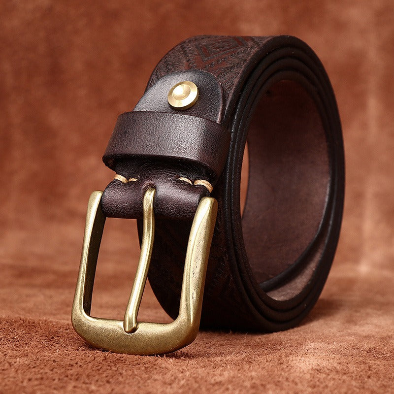 Handcrafted Engraved Italian Full Grain Cowhide Belt for Men - Unique Niche Trend Pin Buckle Casual Leather Waist Belt