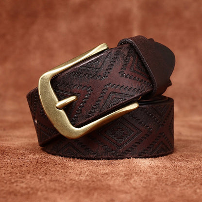 Handcrafted Engraved Italian Full Grain Cowhide Belt for Men - Unique Niche Trend Pin Buckle Casual Leather Waist Belt