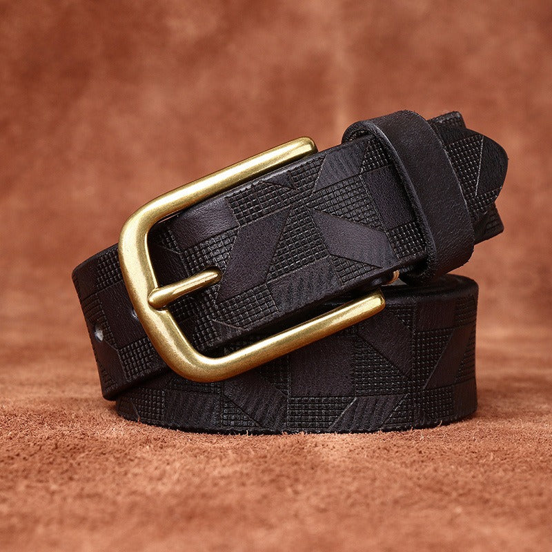 Handcrafted Diamond Embossed Full Grain Leather Men's Belt - Vintage Niche Trend Casual Pin Buckle Waist Strap