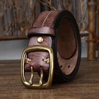 New Arrival: Vintage Distressed Dual Pin Buckle Men's Leather Belt - 100% Full Grain Cowhide Casual Jeans Belt