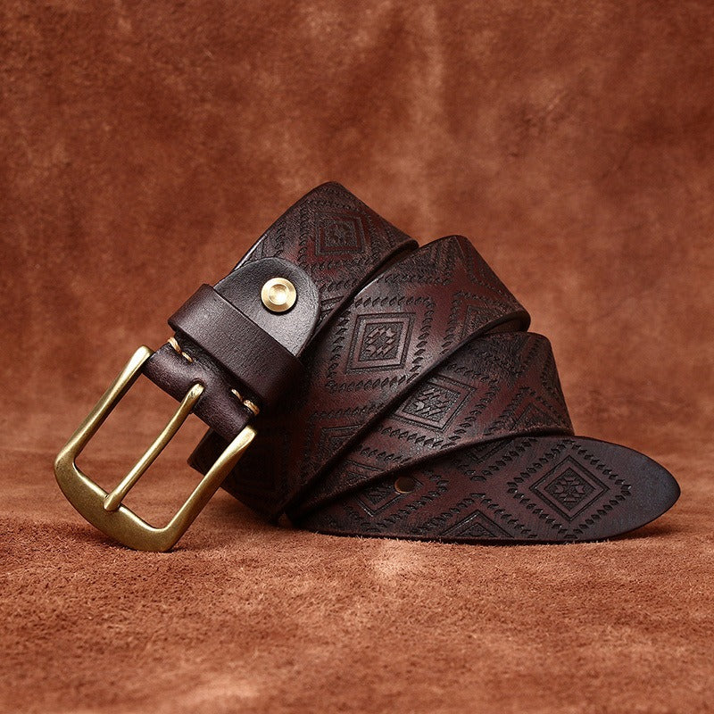 Handcrafted Engraved Italian Full Grain Cowhide Belt for Men - Unique Niche Trend Pin Buckle Casual Leather Waist Belt