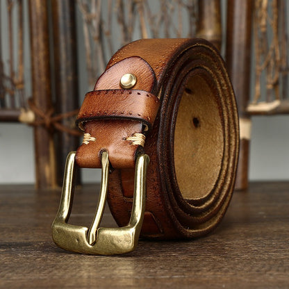 New Arrival: Vintage Trendy Versatile Copper Buckle Men's Belt - Full Grain Leather Braided Casual Jeans Waist Strap