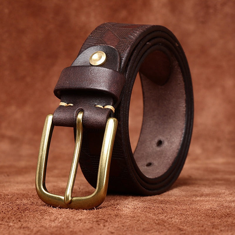 Handcrafted Diamond Embossed Full Grain Leather Men's Belt - Vintage Niche Trend Casual Pin Buckle Waist Strap