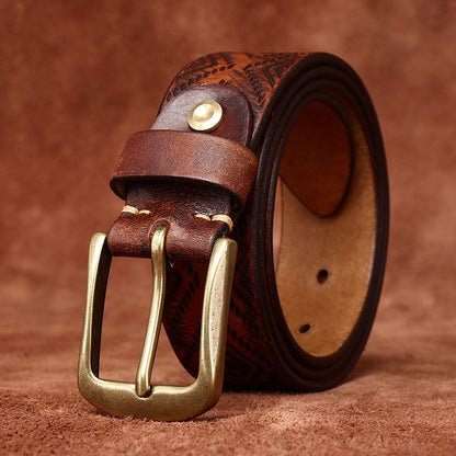 Handcrafted Engraved Italian Full Grain Cowhide Belt for Men - Unique Niche Trend Pin Buckle Casual Leather Waist Belt
