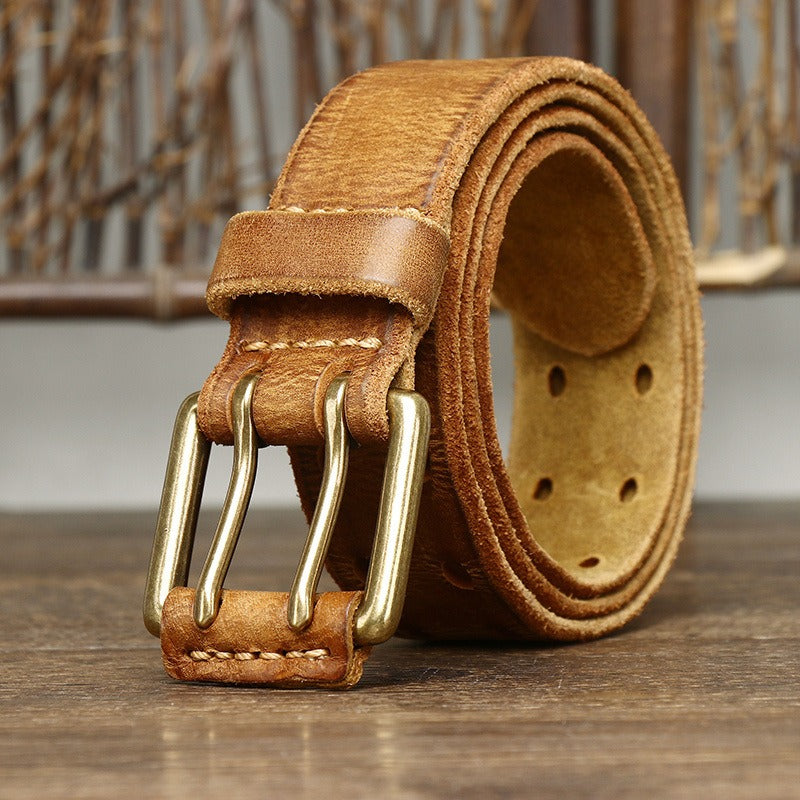 New Arrival: Vintage Trendy Unique Dual Pin Buckle Men's Leather Belt - 100% Full Grain Vegetable Tanned Washed Leather Youth Casual