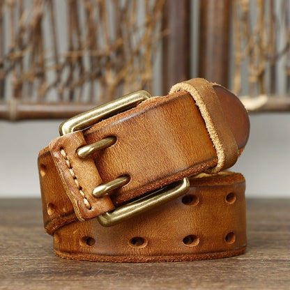 New Arrival: Vintage Trendy Unique Dual Pin Buckle Men's Leather Belt - 100% Full Grain Vegetable Tanned Washed Leather Youth Casual