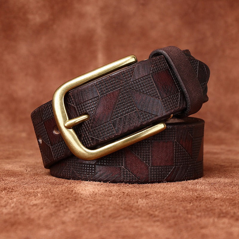 Handcrafted Diamond Embossed Full Grain Leather Men's Belt - Vintage Niche Trend Casual Pin Buckle Waist Strap