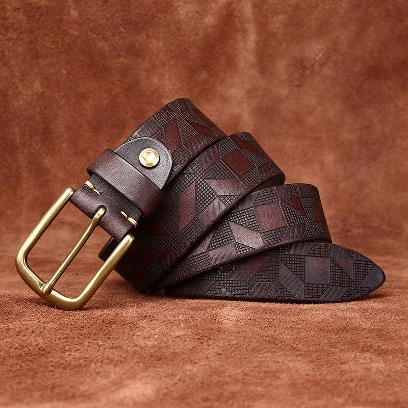 Handcrafted Diamond Embossed Full Grain Leather Men's Belt - Vintage Niche Trend Casual Pin Buckle Waist Strap