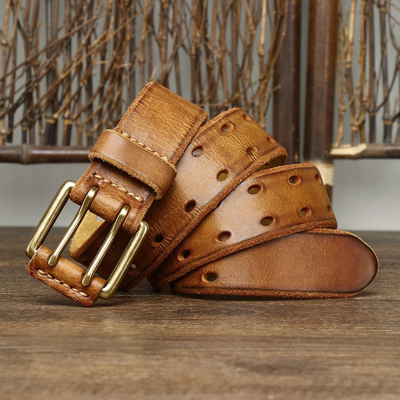 New Arrival: Vintage Trendy Unique Dual Pin Buckle Men's Leather Belt - 100% Full Grain Vegetable Tanned Washed Leather Youth Casual