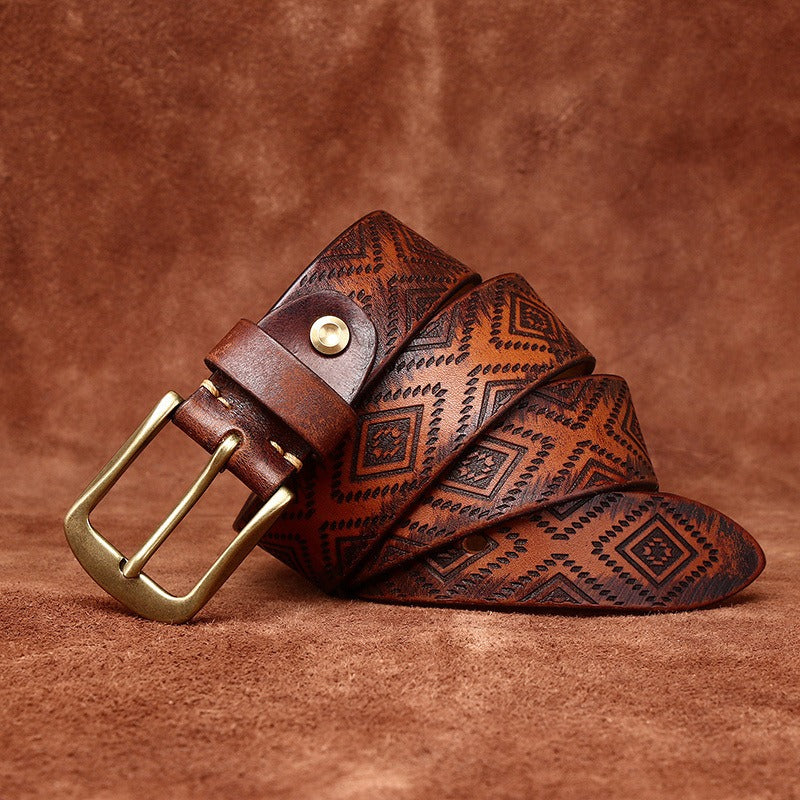 Handcrafted Engraved Italian Full Grain Cowhide Belt for Men - Unique Niche Trend Pin Buckle Casual Leather Waist Belt