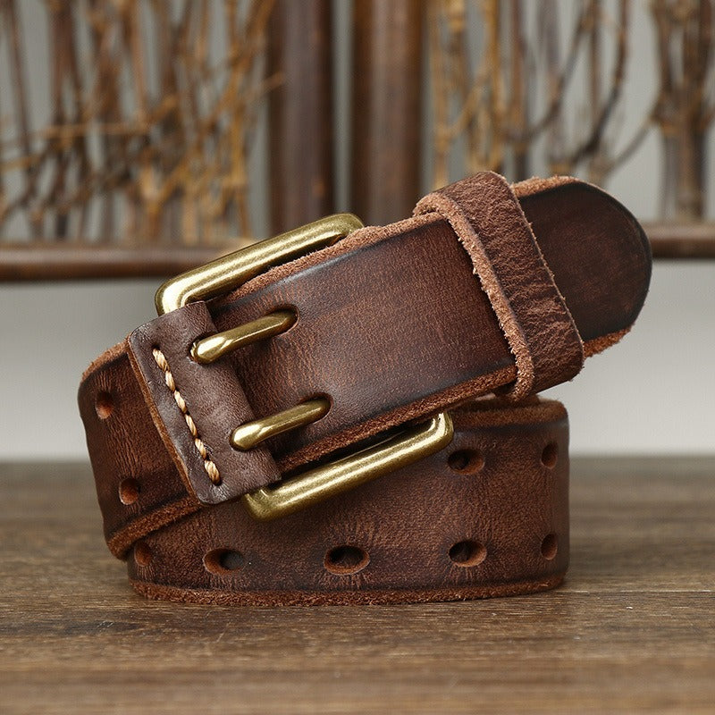 New Arrival: Vintage Trendy Unique Dual Pin Buckle Men's Leather Belt - 100% Full Grain Vegetable Tanned Washed Leather Youth Casual