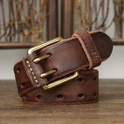 New Arrival: Vintage Trendy Unique Dual Pin Buckle Men's Leather Belt - 100% Full Grain Vegetable Tanned Washed Leather Youth Casual
