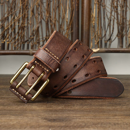 New Arrival: Vintage Trendy Unique Dual Pin Buckle Men's Leather Belt - 100% Full Grain Vegetable Tanned Washed Leather Youth Casual