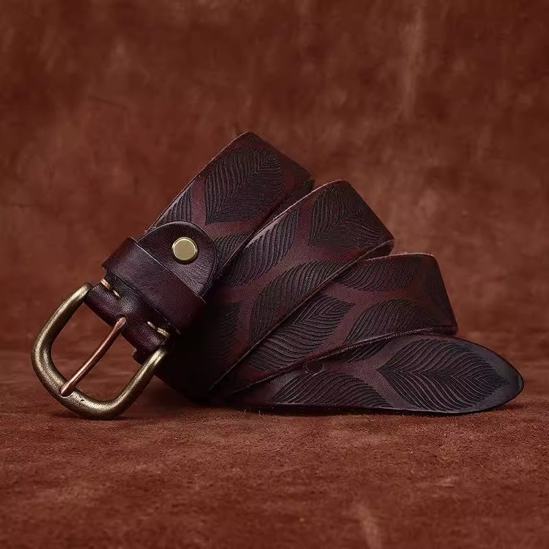Distressed Men's Leather Belt - Washed Full Grain Cowhide with Embossed Design & Brass Pin Buckle, Vintage Chic Accessory